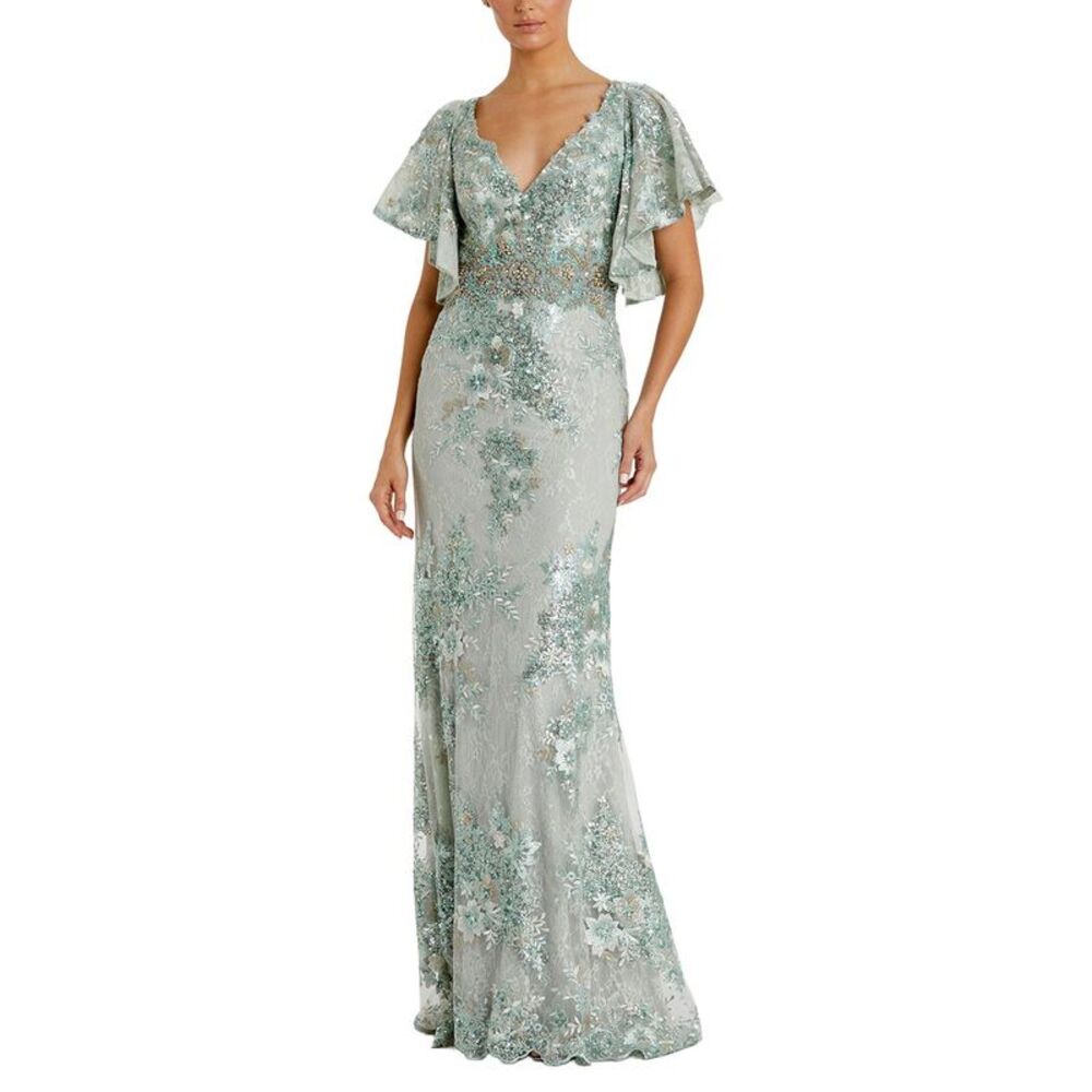 Mac Duggal Womens  Embroidered Flutter Sleeve Trumpet Gown, Green